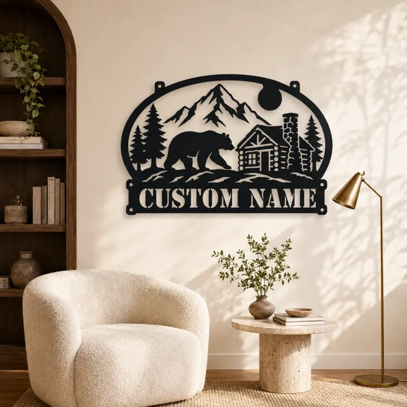 Personalized Bear Cabin Metal Wall Art with Mountain Scene - lifestyle view 5