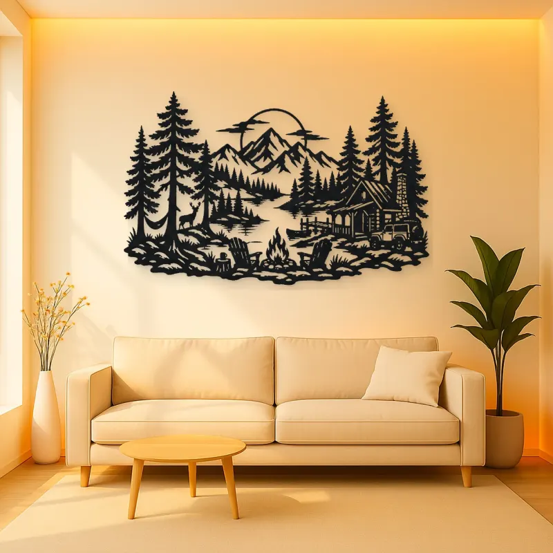 Campfire in the Pines Metal Wall Art | Nature Silhouette Decor