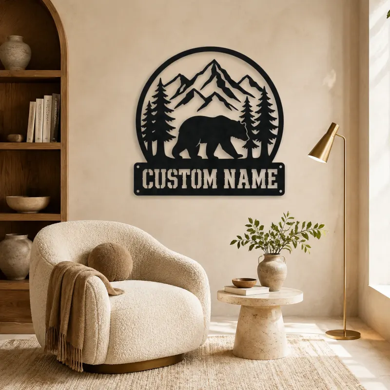 Personalized Bear and Pine Forest Metal Wall Art - lifestyle view 5
