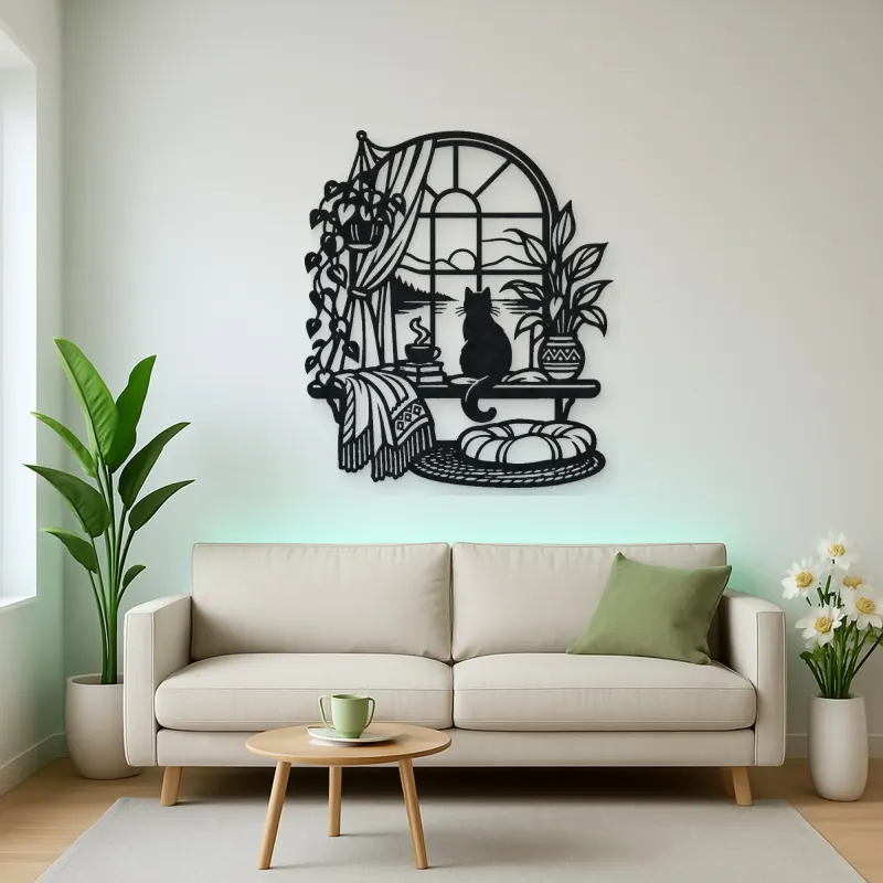 Cat on Windowsill Metal Wall Art | Pet Lover Silhouette Decor