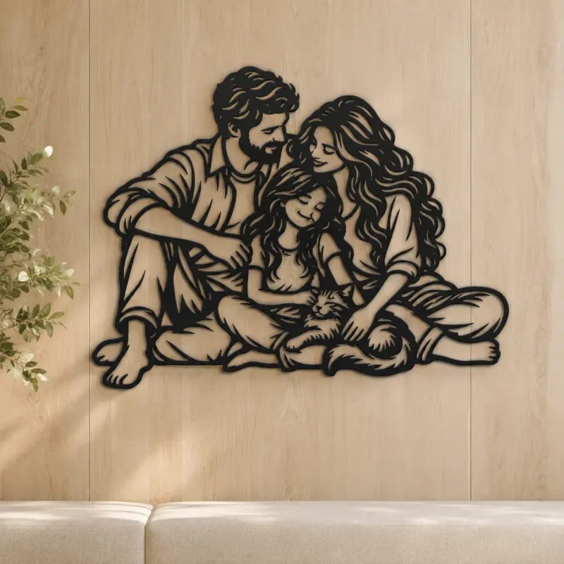 Family with Cat Metal Wall Art | Pet Lover Silhouette Decor - lifestyle view 5
