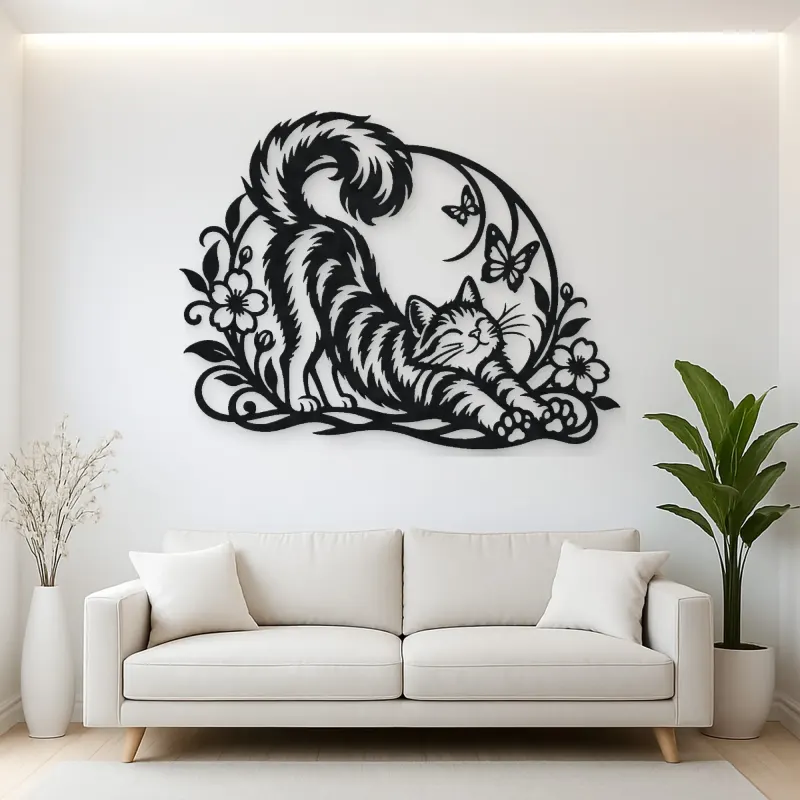 Cat Stretch Flow Metal Wall Art | Pet Lover Silhouette Decor