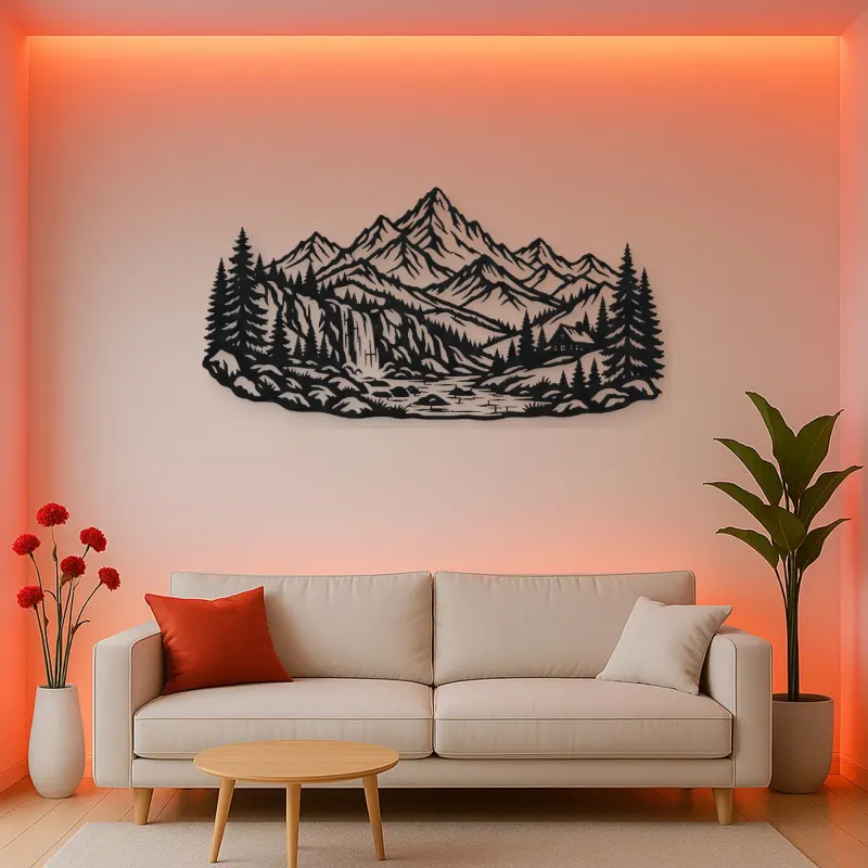 Waterfall Mountain Valley Metal Wall Art | Nature Silhouette Decor