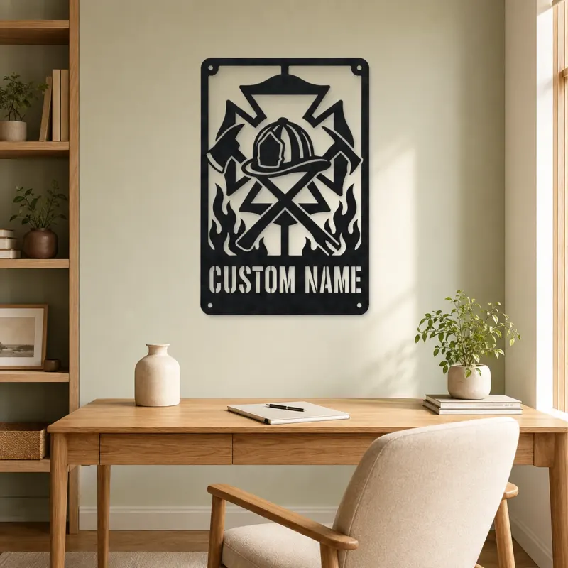 Personalized Firefighter Crest Metal Wall Art with Axes - lifestyle view 4