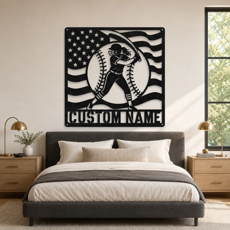 Personalized Female Softball Follow Through Flag Metal Wall Art - lifestyle view 2