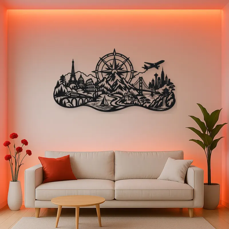 Compass Mountain Flow Metal Wall Art | Nature Silhouette Decor