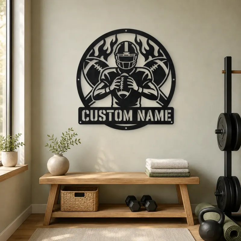 Personalized Football Player Crossed Balls Flame Metal Wall Art - lifestyle view 4