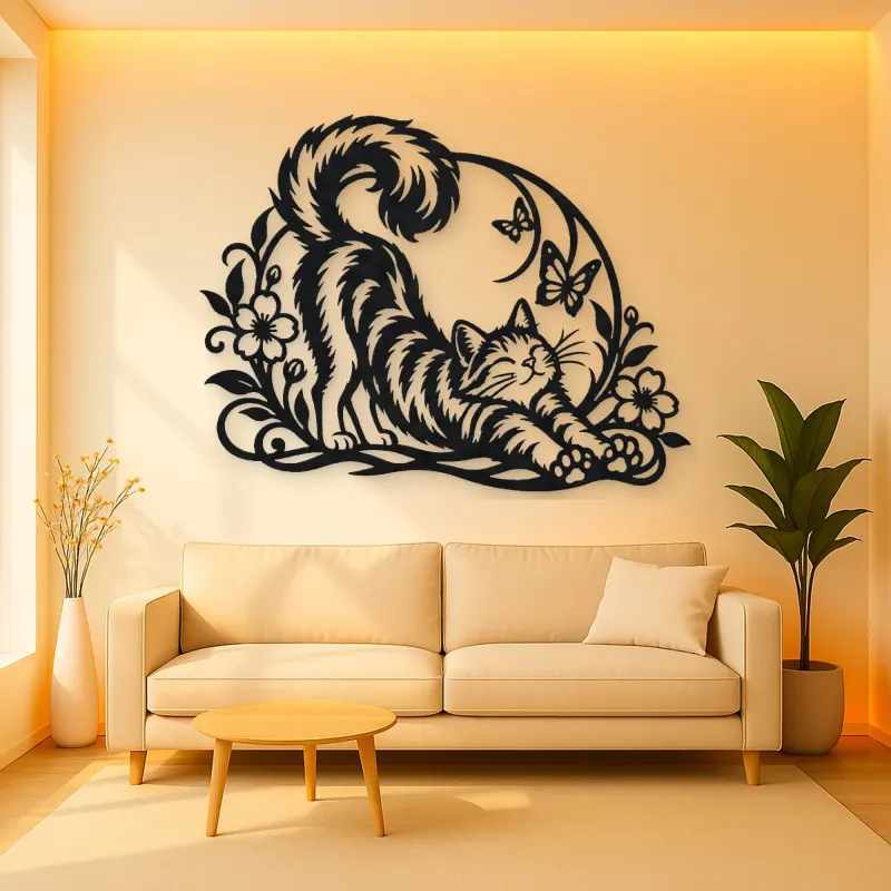 Cat Stretch Flow Metal Wall Art | Pet Lover Silhouette Decor