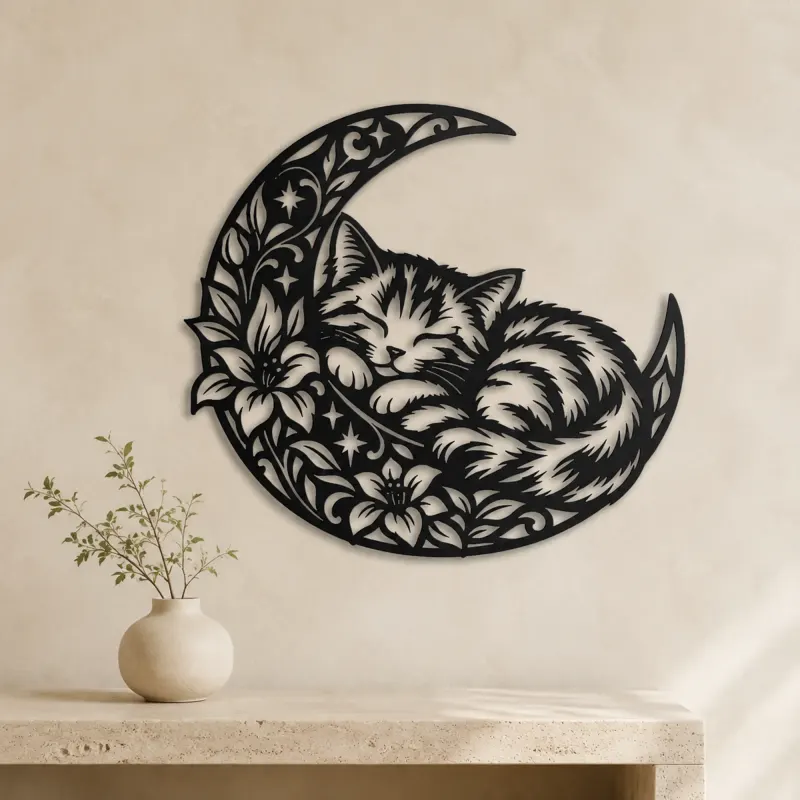 Sleeping Cat Crescent Metal Wall Art | Pet Lover Silhouette Decor - lifestyle view 3