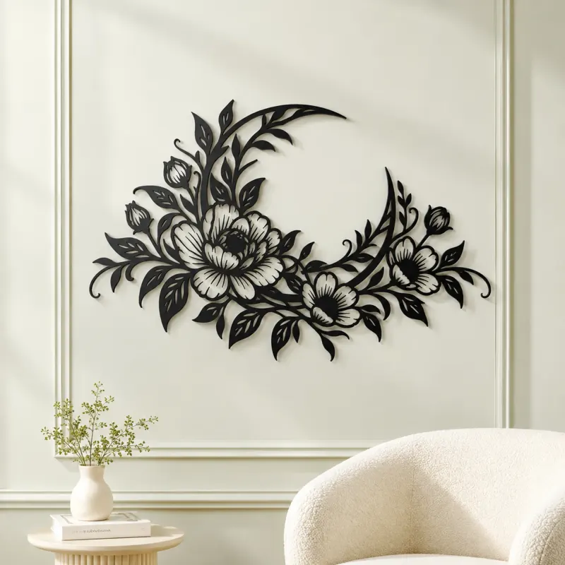Floral Moon Arc Metal Wall Art | Botanical Metal Wall Decor - lifestyle view 2
