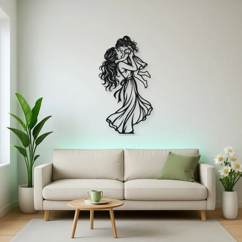 Single Mother Child Metal Wall Art | Family Silhouette Decor