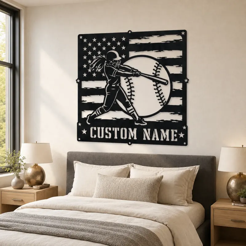 Personalized Softball Batter Distressed American Flag Metal Wall Art - lifestyle view 2