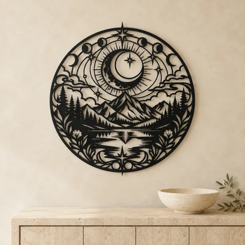 Moon over Mountains Metal Wall Art | Celestial Boho Wall Decor - lifestyle view 3
