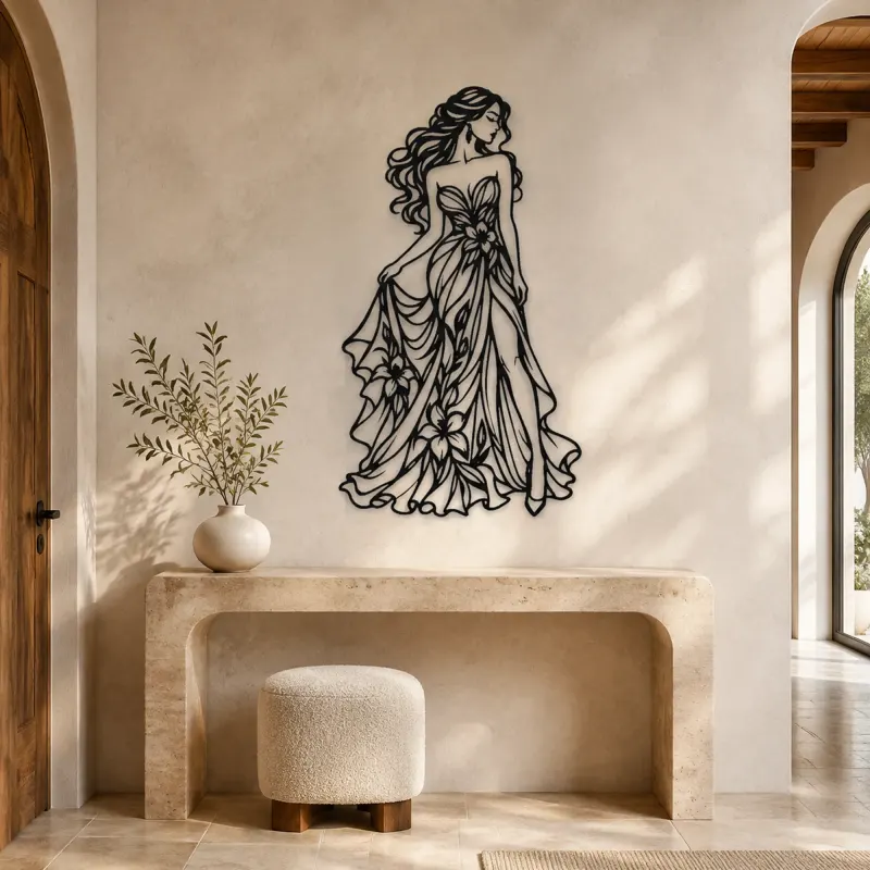 Floral Dress Muse Metal Wall Art | Botanical Woman Wall Decor - lifestyle view 3