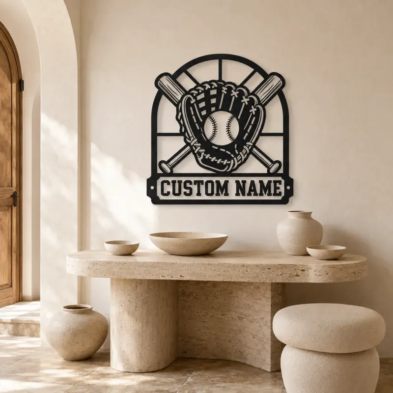 Personalized Baseball Glove Ball and Crossed Bats Metal Wall Art - lifestyle view 3