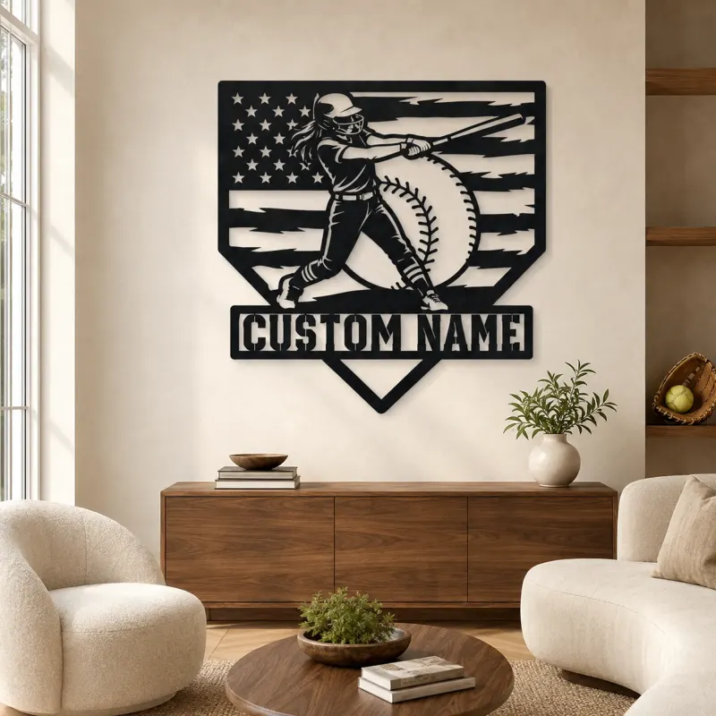 Décoration murale en métal personnalisée - Batteuse de softball féminine avec drapeau américain