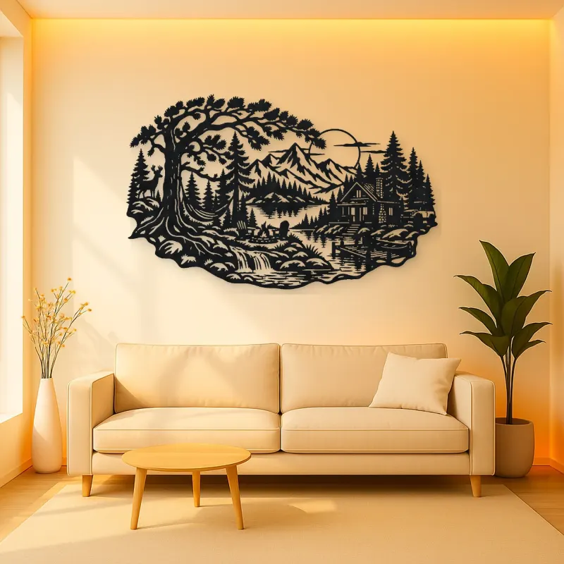 Forest Cabin Retreat Metal Wall Art | Nature Silhouette Decor