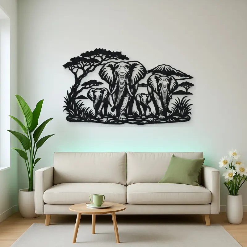 Elephant Family Walk Metal Wall Art | Wildlife Silhouette Decor