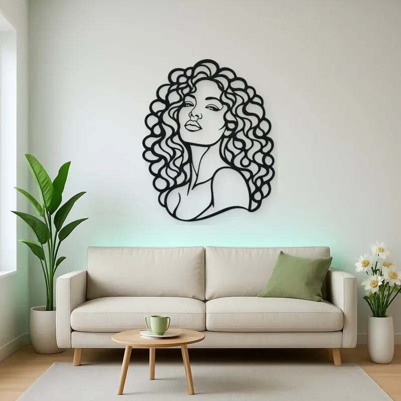 Curly Hair Portrait Metal Wall Art | Minimalist Woman Line Art
