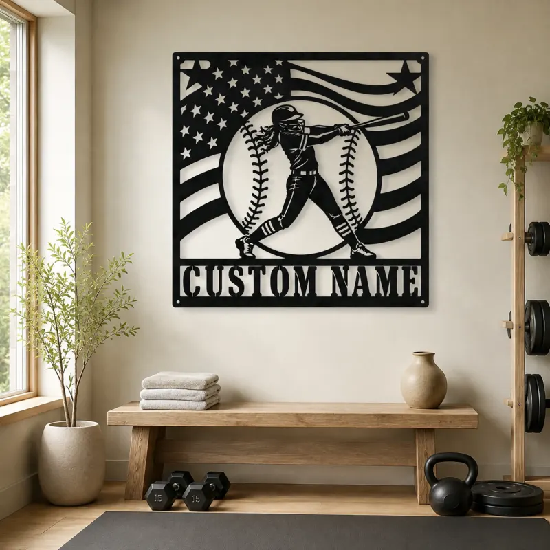 Personalized Female Softball Batter Waving Flag Metal Wall Art - lifestyle view 4