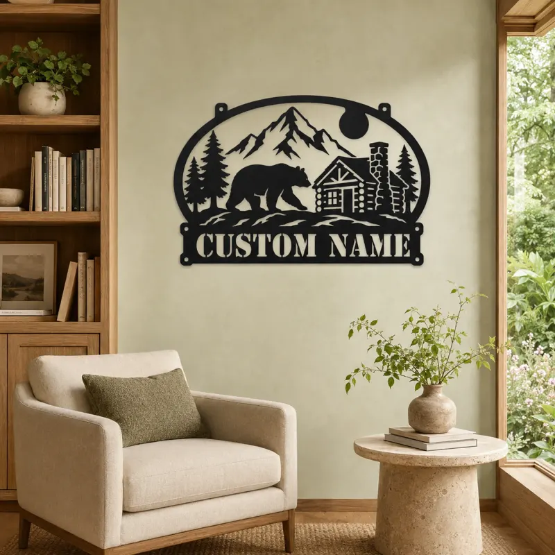 Personalized Bear Cabin Metal Wall Art with Mountain Scene - lifestyle view 4