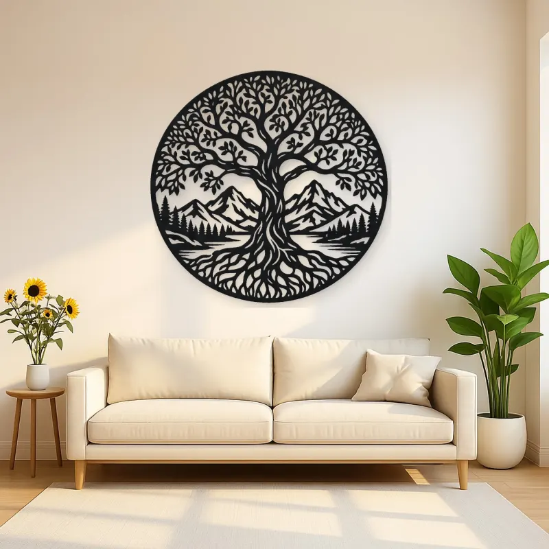Tree and Mountain Circle Metal Wall Art | Botanical Metal Wall Decor