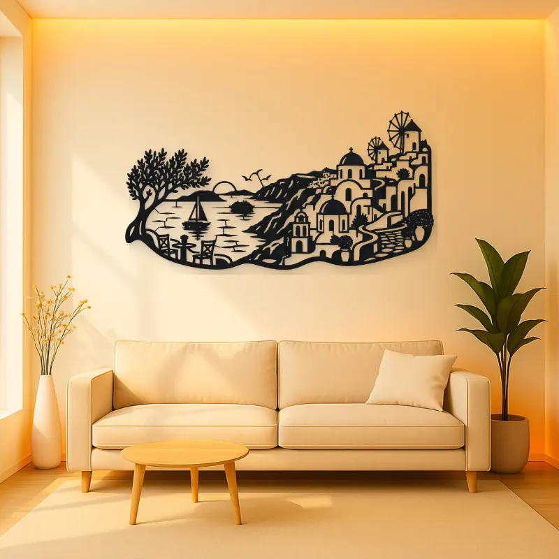 Santorini Coastal Line Metal Wall Art | Travel and City Wall Decor