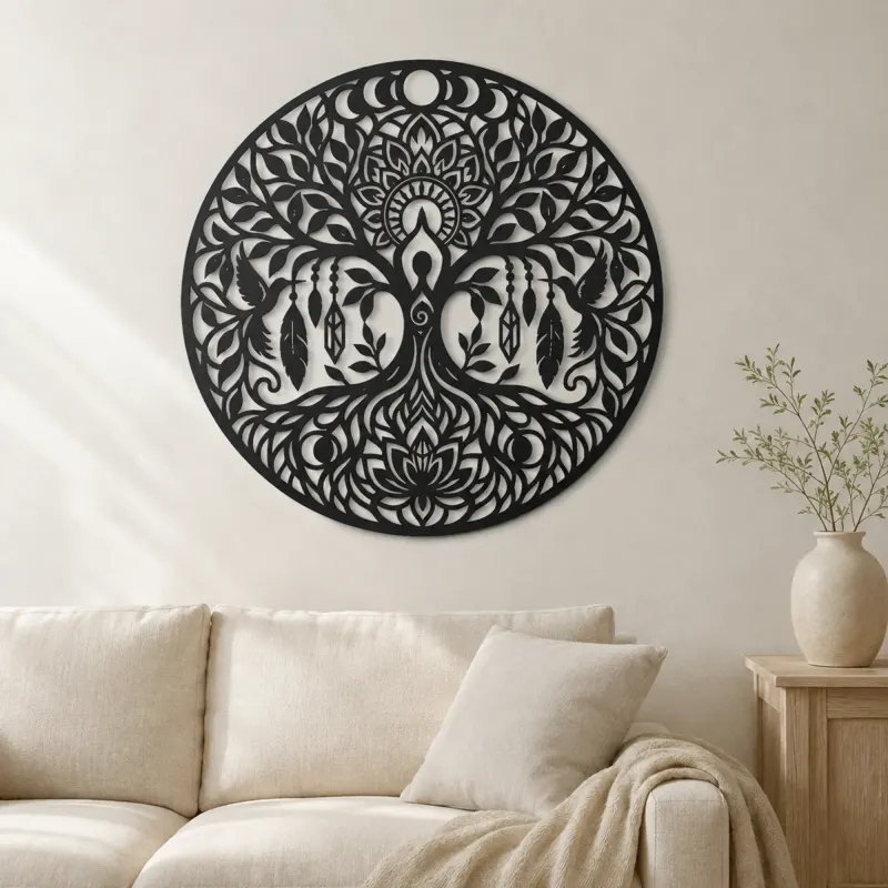 Arte mural de metal Tree Mandala Fusion | Decoración mural botánica de metal