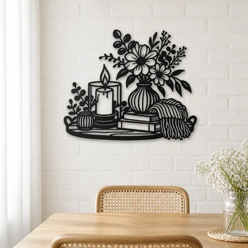 Candle and Flowers Metal Wall Art | Cozy Home Metal Decor - lifestyle view 4