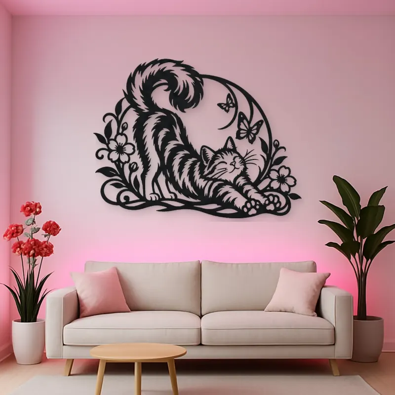 Cat Stretch Flow Metal Wall Art | Pet Lover Silhouette Decor