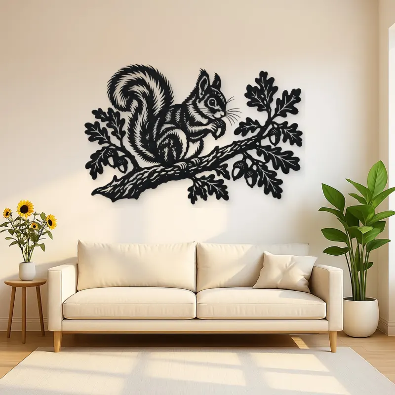 Squirrel Oak Branch Metal Wall Art | Wildlife Silhouette Decor