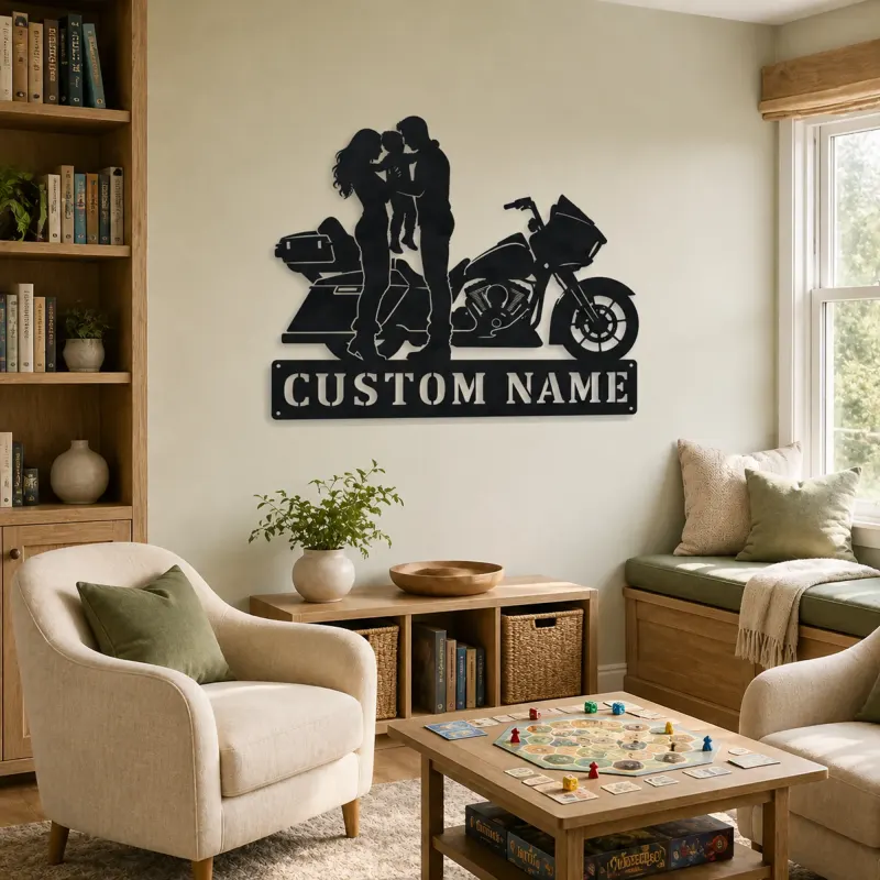 Personalized Touring Motorcycle Family of Three Metal Wall Art - lifestyle view 4