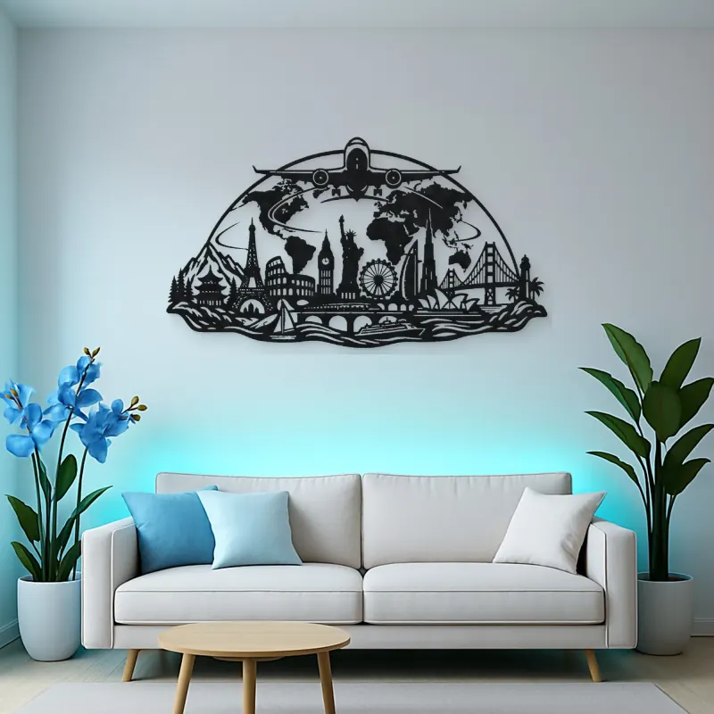 Airplane World Arc Metal Wall Art | Travel and City Wall Decor