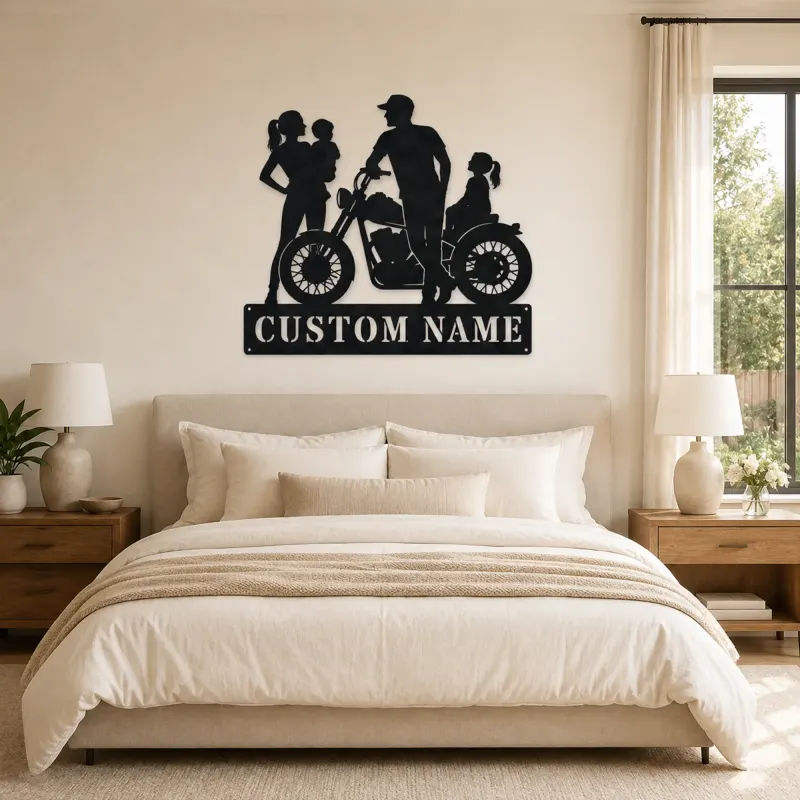Personalized Motorcycle Family with Seated Daughter Metal Wall Art - lifestyle view 2
