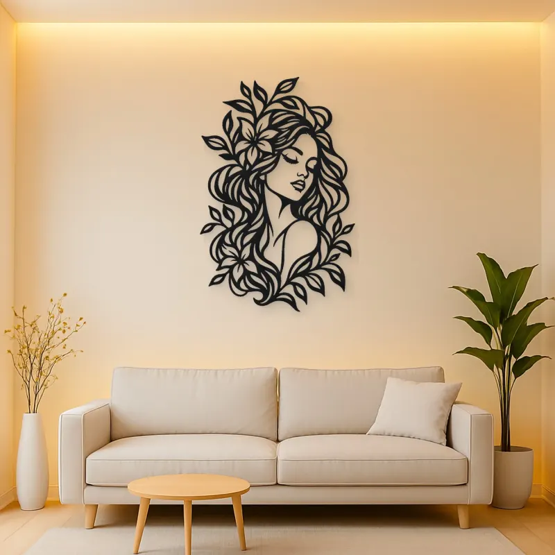 Botanical Hair Face Metal Wall Art | Minimalist Woman Line Art