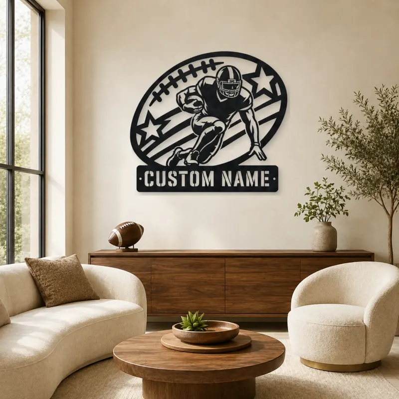 Décoration murale en métal personnalisée avec coureur de football et étoiles et rayures