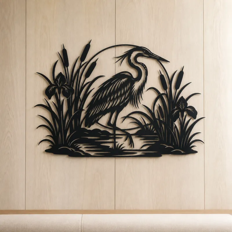 Heron Reed Garden Metal Wall Art | Wildlife Silhouette Decor - lifestyle view 5