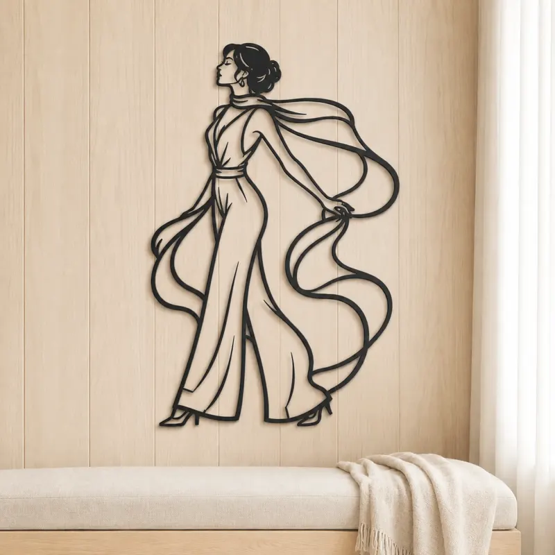 Silk Scarf Profile Metal Wall Art | Minimalist Woman Line Art - lifestyle view 5