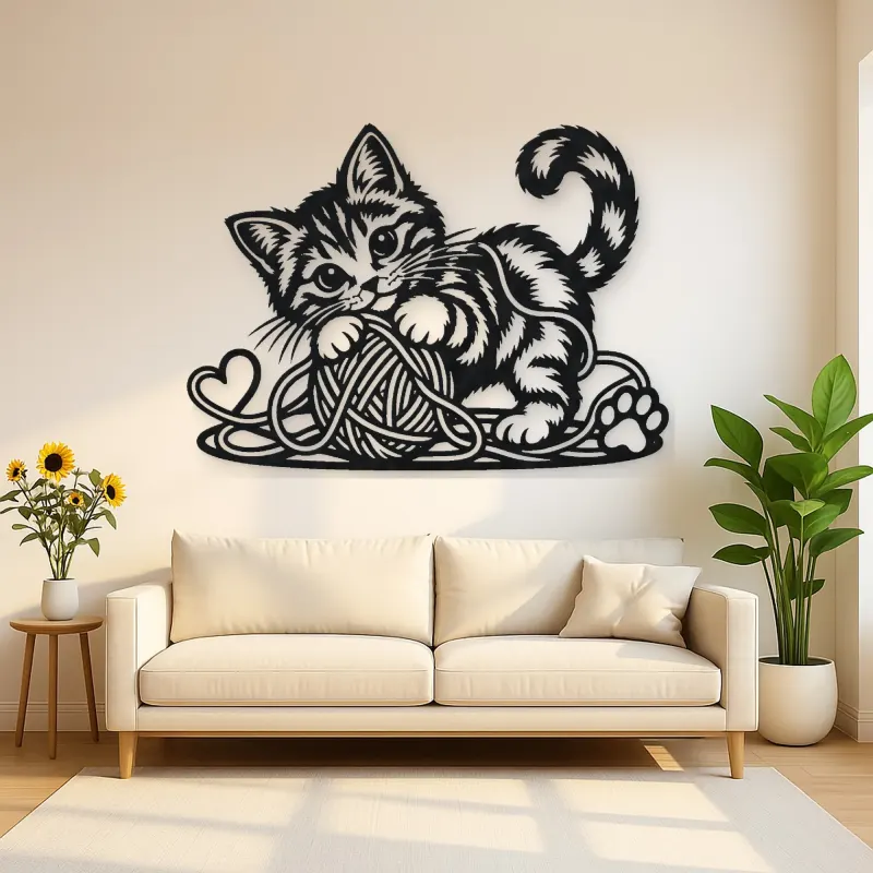 Playful Kitten Yarn Metal Wall Art | Pet Lover Silhouette Decor
