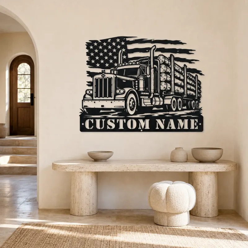 Personalized Logging Semi Truck Metal Wall Art with American Flag - lifestyle view 3