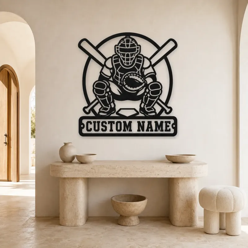 Personalized Baseball Catcher Crossed Bats Metal Wall Art - lifestyle view 3
