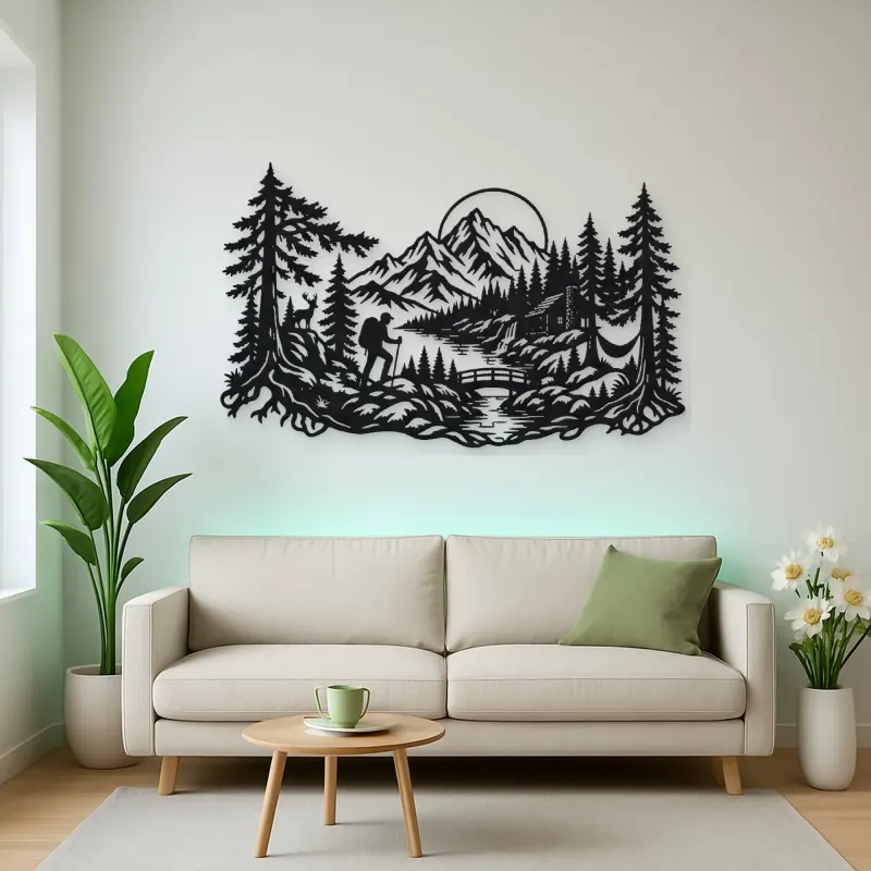 Hiker in the Woods Metal Wall Art | Nature Silhouette Decor