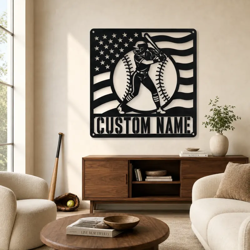 Décoration murale en métal personnalisée de batteuse de softball en posture prête avec drapeau