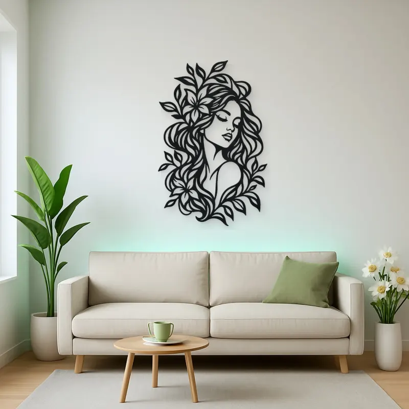 Botanical Hair Face Metal Wall Art | Minimalist Woman Line Art