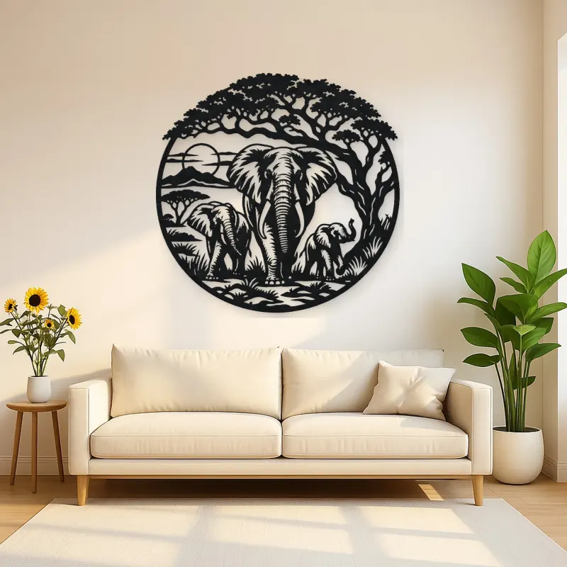 Elephant Tree Circle Metal Wall Art | Wildlife Silhouette Decor