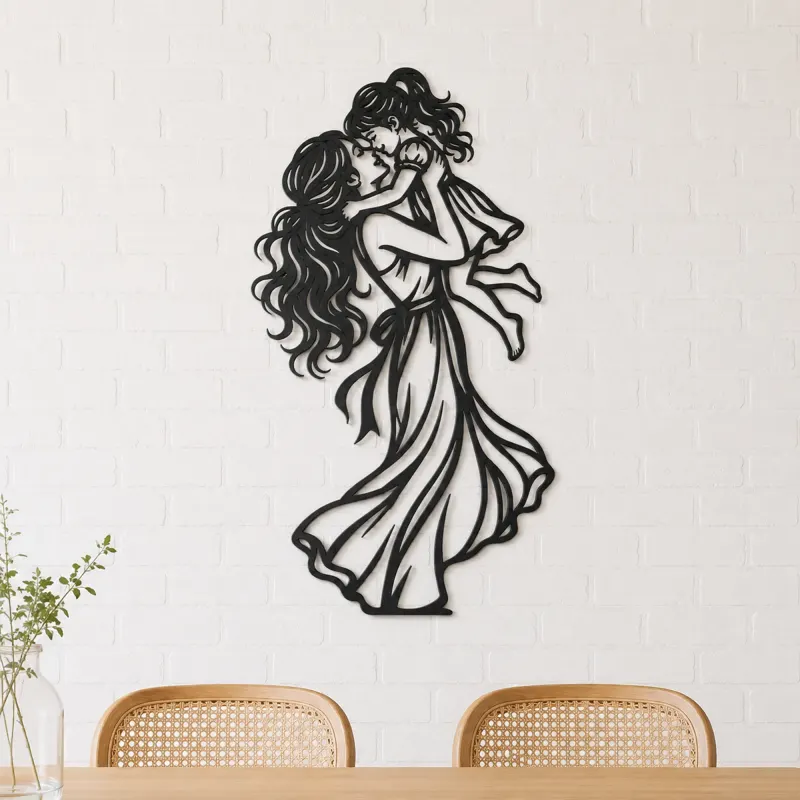 Single Mother Child Metal Wall Art | Family Silhouette Decor - lifestyle view 4