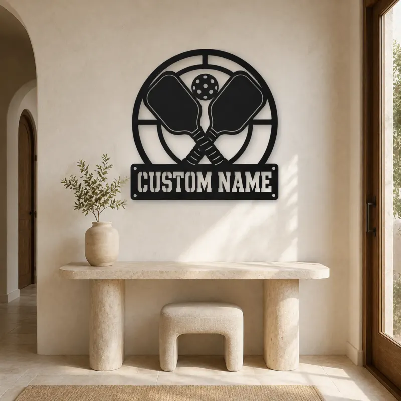 Personalized Pickleball Paddle Metal Wall Art with Court Lines - lifestyle view 3
