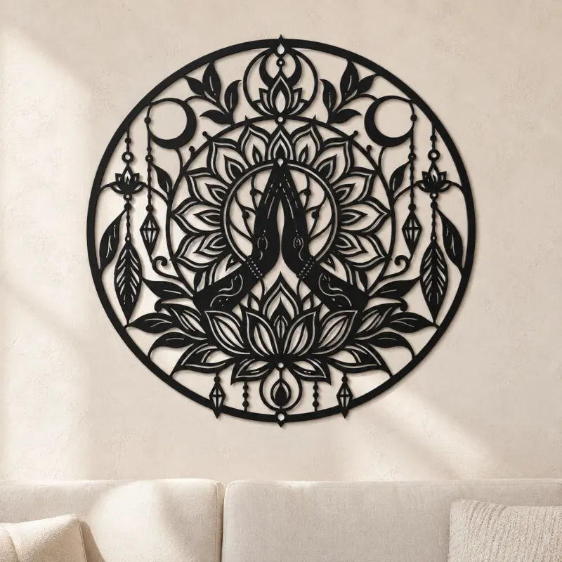 Arte mural de metal de manos de meditación con loto | Decoración de siluetas en movimiento