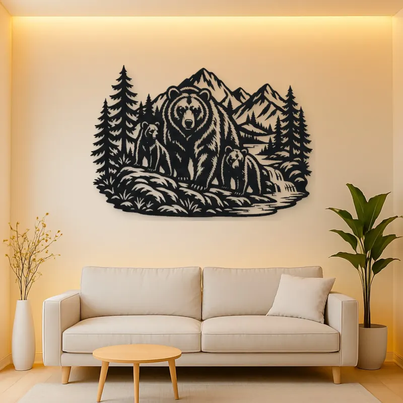 Bear Mountain Scene Metal Wall Art | Wildlife Silhouette Decor