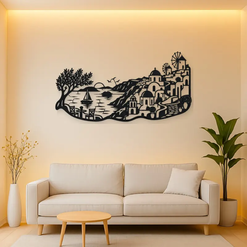 Santorini Coastal Line Metal Wall Art | Travel and City Wall Decor